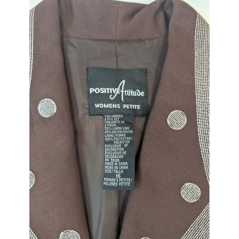 POSITIVE ATTITUDE 16 Petite Brown Blazer Jacket Polka Dot Trim Linen Blend - Picture 3 of 3